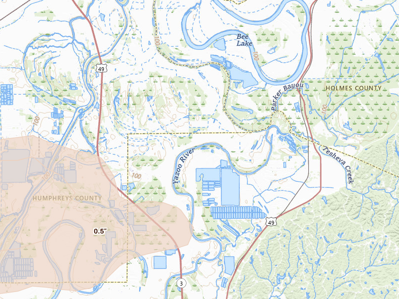 Radar-estimated hail-size map of the storm over Yazoo City, MS on Jun 22, 2026