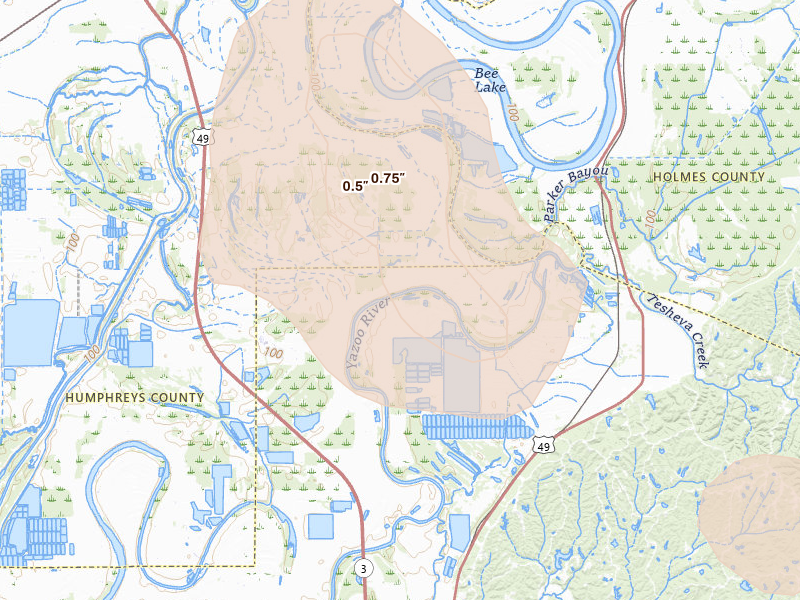 Radar-estimated hail-size map of the storm over Yazoo City, MS on Jul 1, 2026