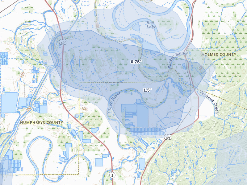 NEXRAD radar-signature map of the hail over Yazoo City, MS