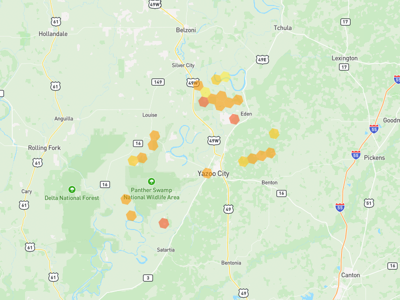 Hail map of Yazoo City, MS on Jul 1, 2026, hail up to 1.75"