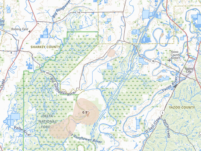 Radar-estimated hail-size map of the storm over Yazoo City, MS on Sep 3, 2026