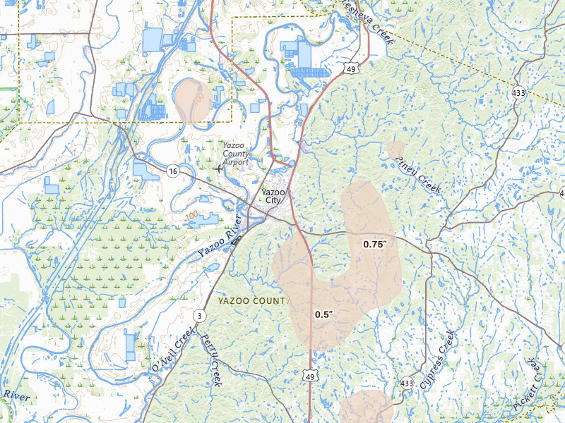 Radar-estimated hail-size map of the storm over Yazoo City, MS