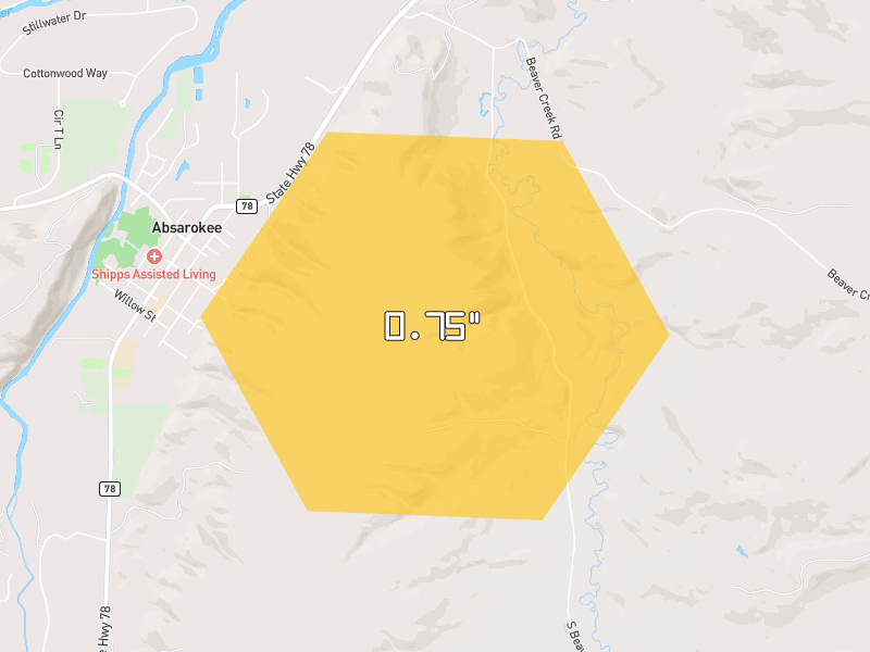 Hail map of Absarokee, MT on Jul 4, 2026, hail up to 0.75"