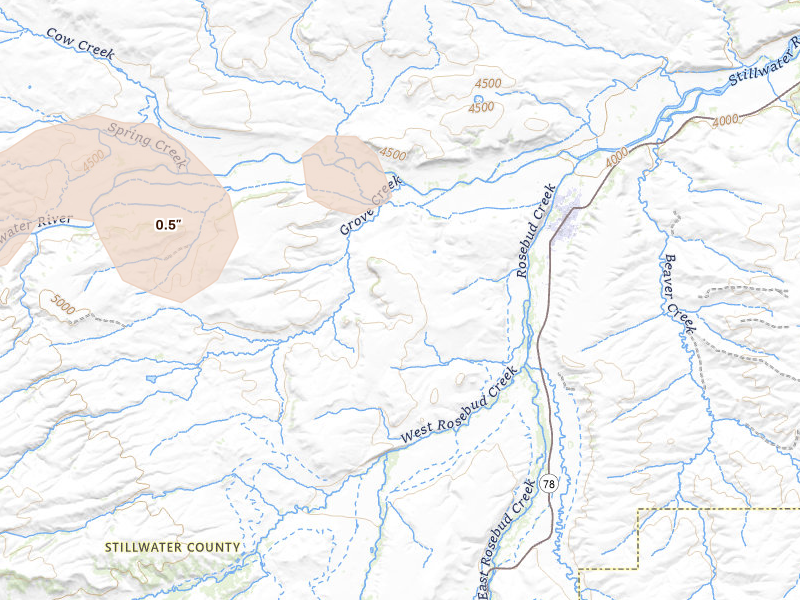 Radar-estimated hail-size map of the storm over Absarokee, MT on Jul 26, 2026