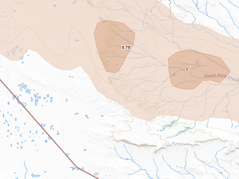 Radar-estimated hail-size map of the storm over Acton, MT on Jun 21, 2026