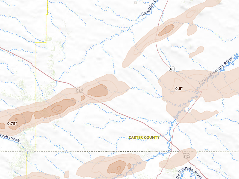 Radar-estimated hail-size map of the storm over Alzada, MT on Apr 13, 2026