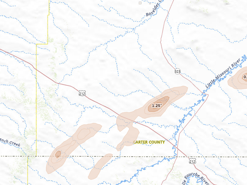 Radar-estimated hail-size map of the storm over Alzada, MT on Jun 1, 2026
