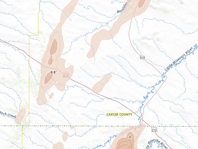 Radar-estimated hail-size map of the storm over Alzada, MT on Jun 2, 2026