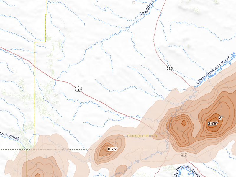 Radar-estimated hail-size map of the storm over Alzada, MT on Jun 7, 2026