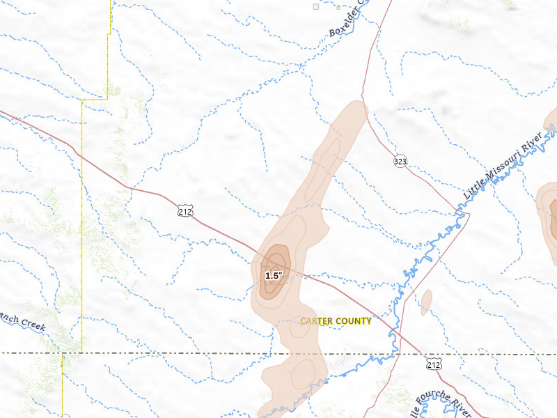 Radar-estimated hail-size map of the storm over Alzada, MT on Jul 2, 2026