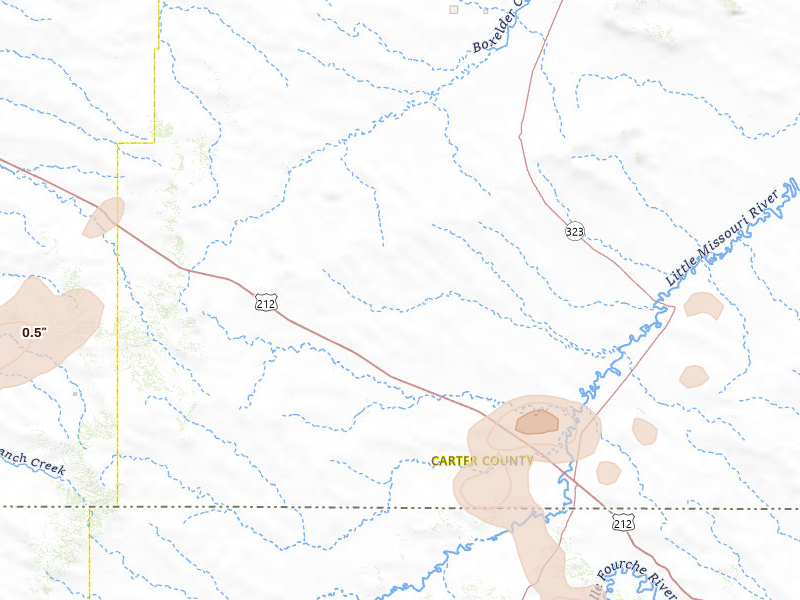 Radar-estimated hail-size map of the storm over Alzada, MT on Jul 8, 2026