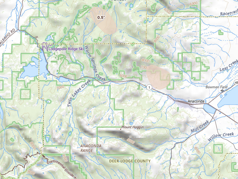 Radar-estimated hail-size map of the storm over Anaconda, MT on May 27, 2026
