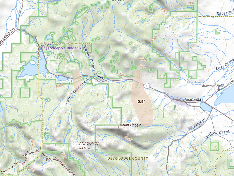 Radar-estimated hail-size map of the storm over Anaconda, MT on May 29, 2026