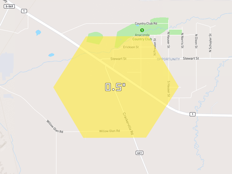 Hail map of Anaconda, MT on Jul 8, 2026, hail up to 0.5"