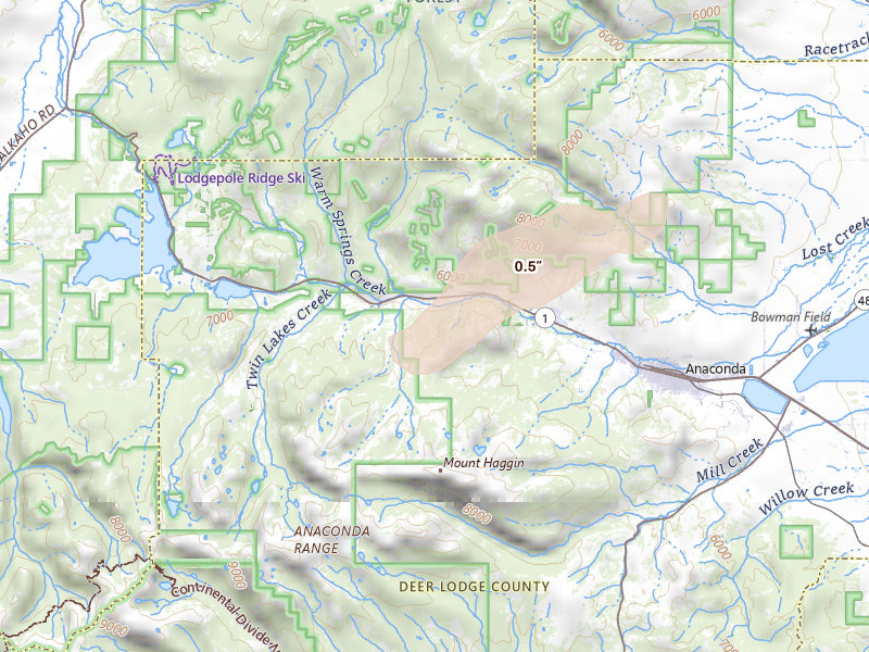 Radar-estimated hail-size map of the storm over Anaconda, MT on Jul 17, 2026