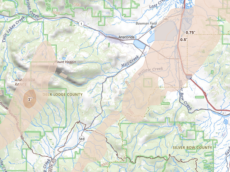 Radar-estimated hail-size map of the storm over Anaconda, MT