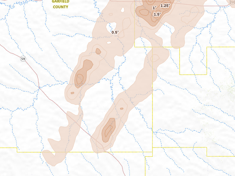 Radar-estimated hail-size map of the storm over Angela, MT on Jun 6, 2026