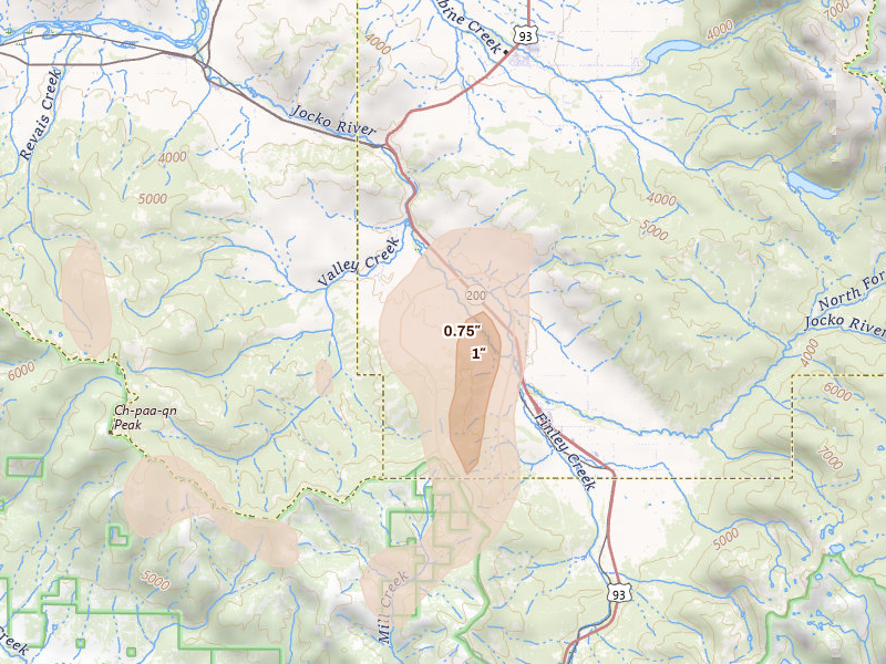 Radar-estimated hail-size map of the storm over Arlee, MT on May 29, 2026