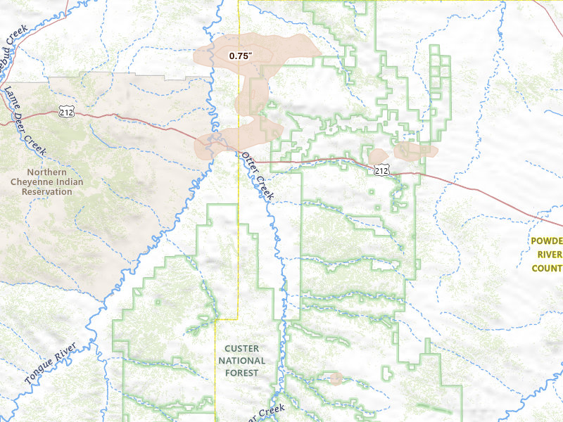 Radar-estimated hail-size map of the storm over Ashland, MT on Jun 4, 2026