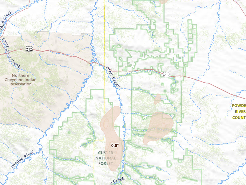 Radar-estimated hail-size map of the storm over Ashland, MT on Jun 26, 2026
