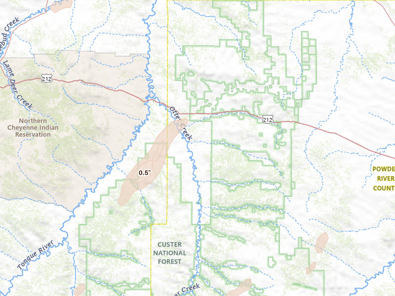 Radar-estimated hail-size map of the storm over Ashland, MT on Jul 2, 2026