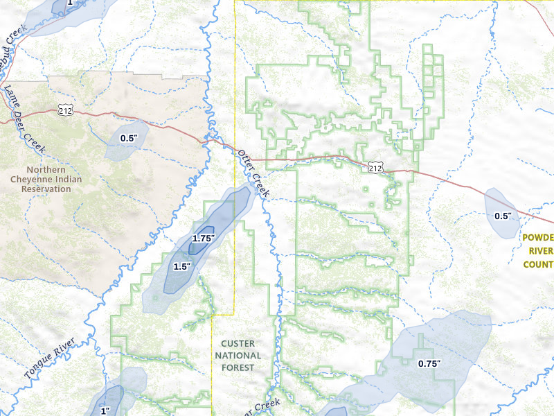 NEXRAD radar-signature map of the hail storm over Ashland, MT on Jul 2, 2026
