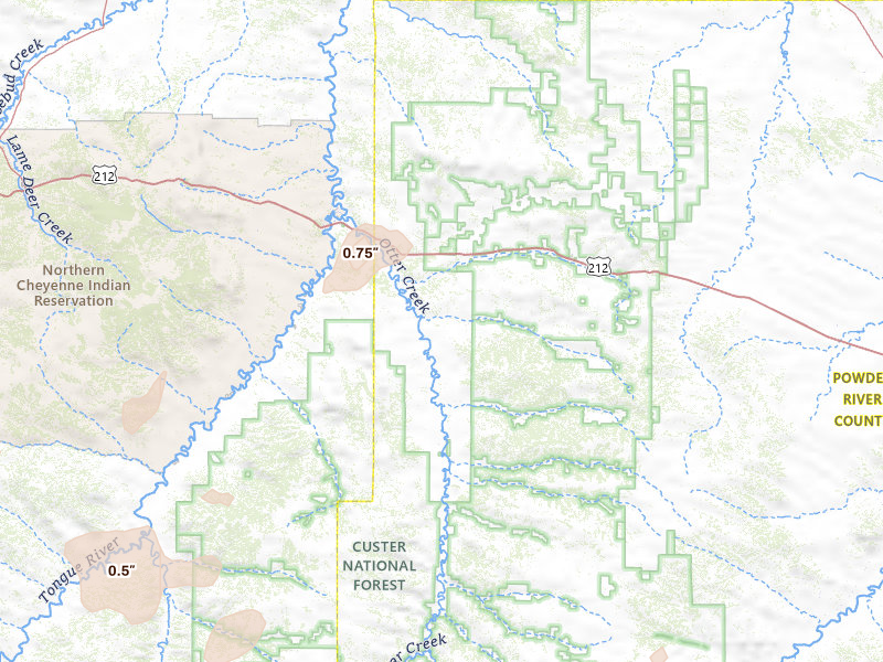 Radar-estimated hail-size map of the storm over Ashland, MT on Jul 3, 2026