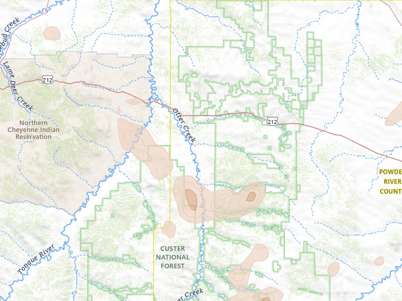 Radar-estimated hail-size map of the storm over Ashland, MT on Jul 7, 2026