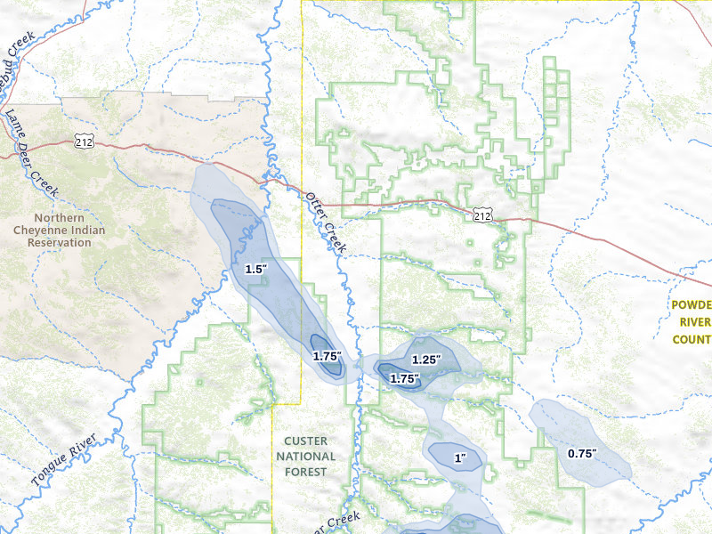 NEXRAD radar-signature map of the hail storm over Ashland, MT on Jul 7, 2026