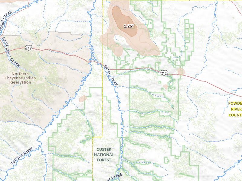 Radar-estimated hail-size map of the storm over Ashland, MT on Jul 8, 2026