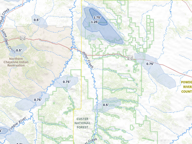 NEXRAD radar-signature map of the hail storm over Ashland, MT on Jul 8, 2026