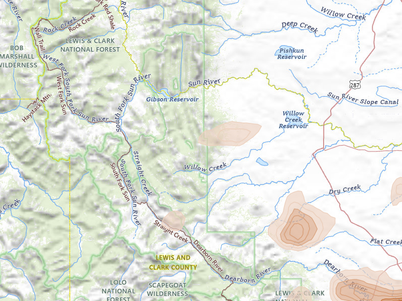 Radar-estimated hail-size map of the storm over Augusta, MT on Jul 16, 2026