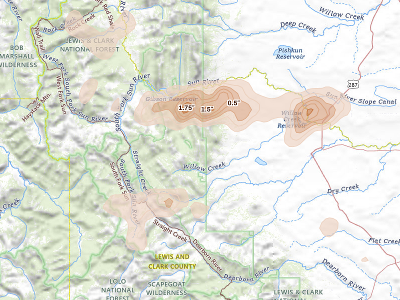 Radar-estimated hail-size map of the storm over Augusta, MT on Jul 17, 2026
