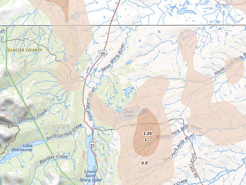Radar-estimated hail-size map of the storm over Babb, MT on May 28, 2026