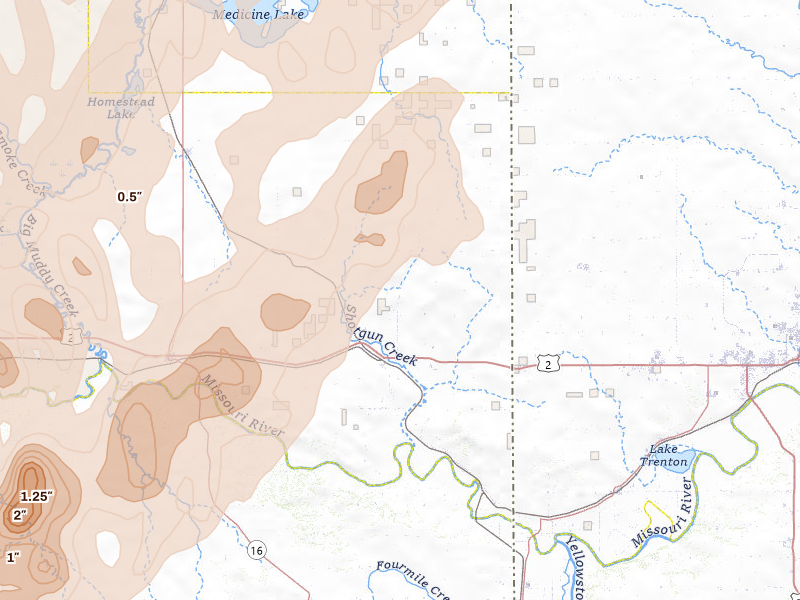 Radar-estimated hail-size map of the storm over Bainville, MT on Jun 6, 2026