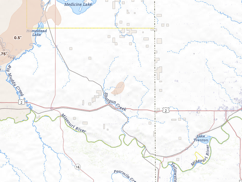 Radar-estimated hail-size map of the storm over Bainville, MT on Jul 3, 2026