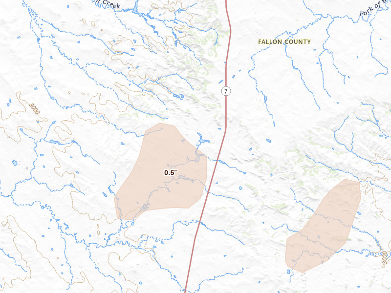 Radar-estimated hail-size map of the storm over Baker, MT on Jun 29, 2026
