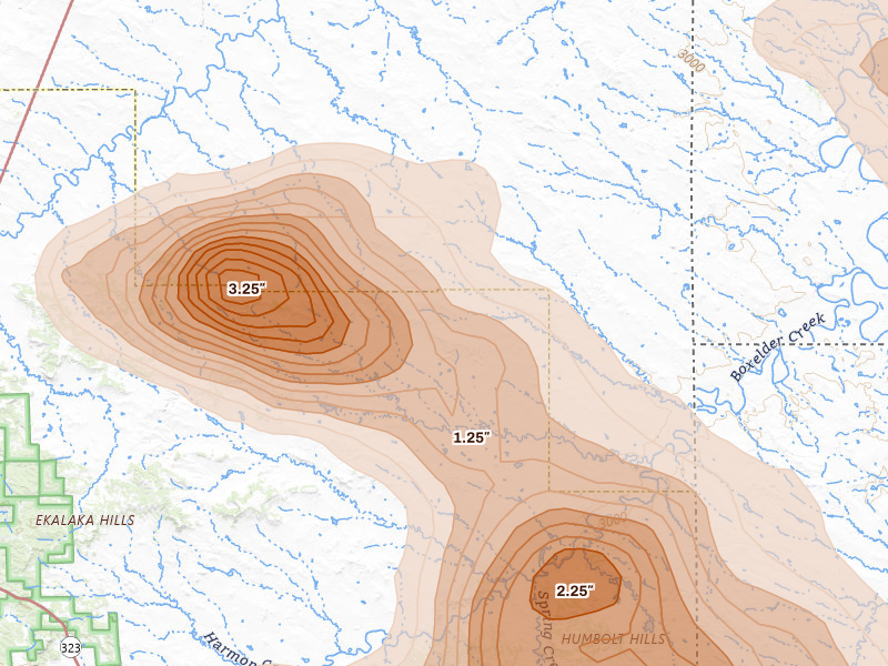 Radar-estimated hail-size map of the storm over Baker, MT on Aug 11, 2026