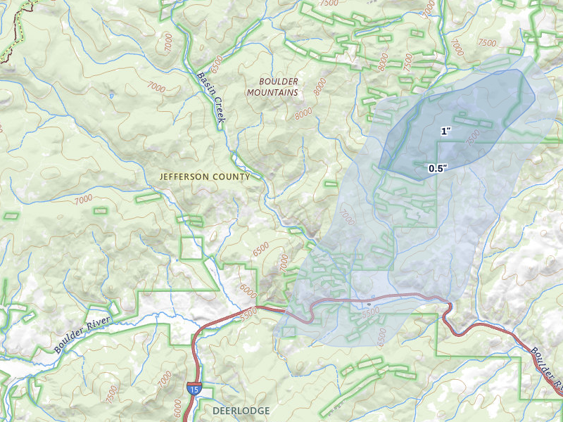 NEXRAD radar-signature map of the hail over Basin, MT