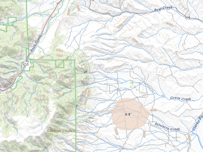 Radar-estimated hail-size map of the storm over Bearcreek, MT on Jul 10, 2026