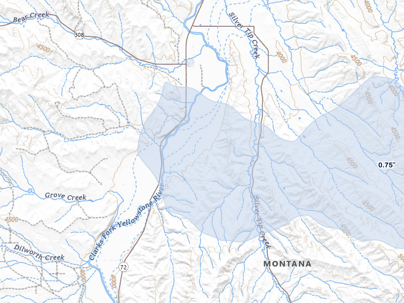 NEXRAD radar-signature map of the hail storm over Belfry, MT on Jul 8, 2026