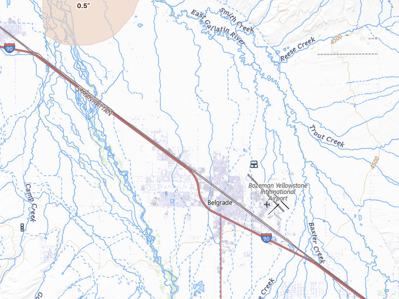 Radar-estimated hail-size map of the storm over Belgrade, MT on Jul 8, 2026