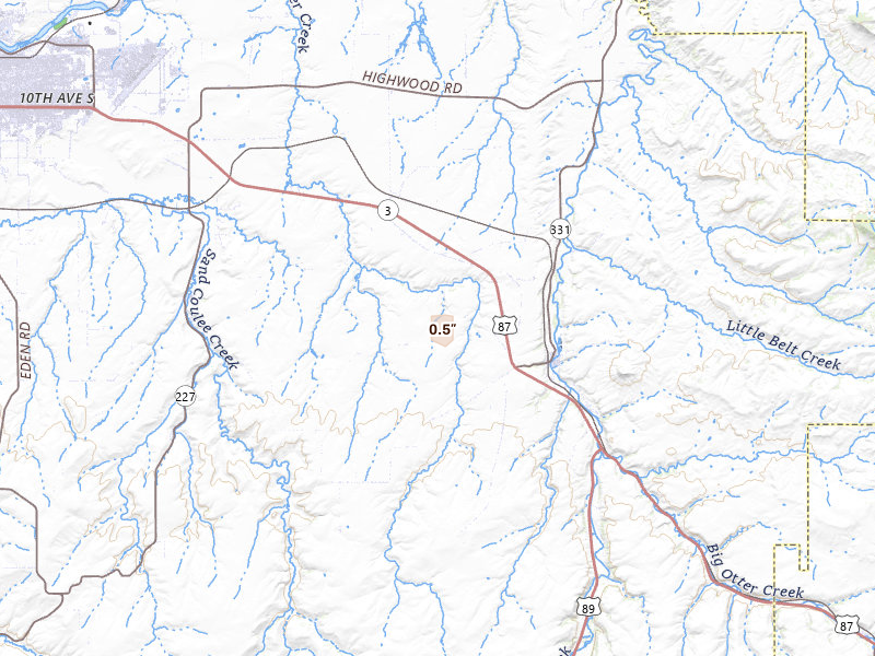 Radar-estimated hail-size map of the storm over Belt, MT on Aug 1, 2026