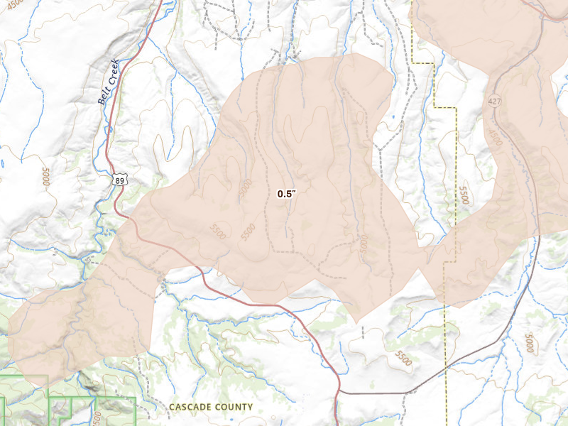 Radar-estimated hail-size map of the storm over Belt, MT