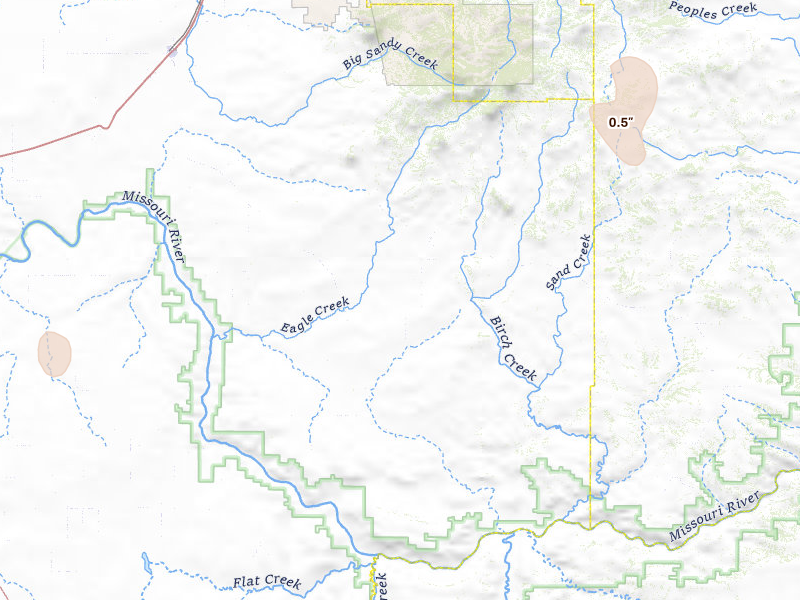 Radar-estimated hail-size map of the storm over Big Sandy, MT on May 13, 2026