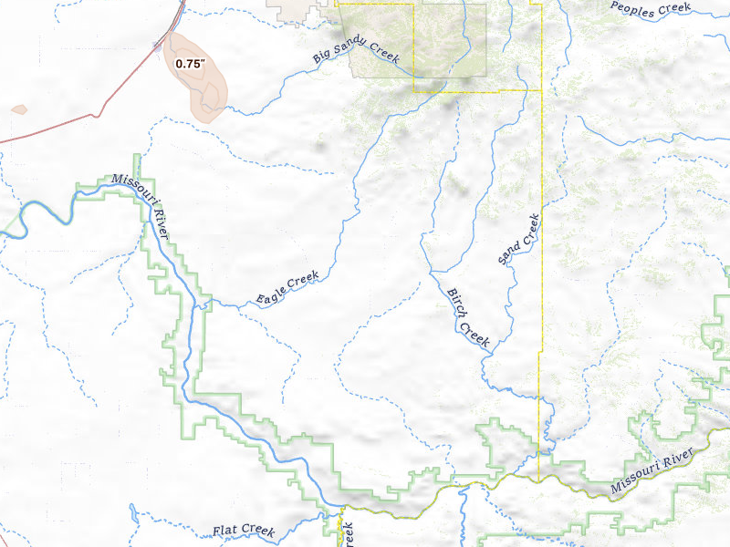 Radar-estimated hail-size map of the storm over Big Sandy, MT on May 28, 2026