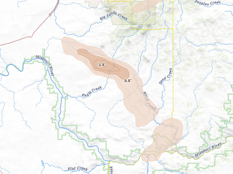 Radar-estimated hail-size map of the storm over Big Sandy, MT on Jun 25, 2026
