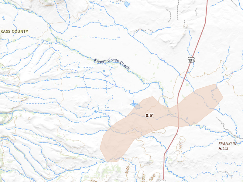 Radar-estimated hail-size map of the storm over Big Timber, MT on Apr 2, 2026