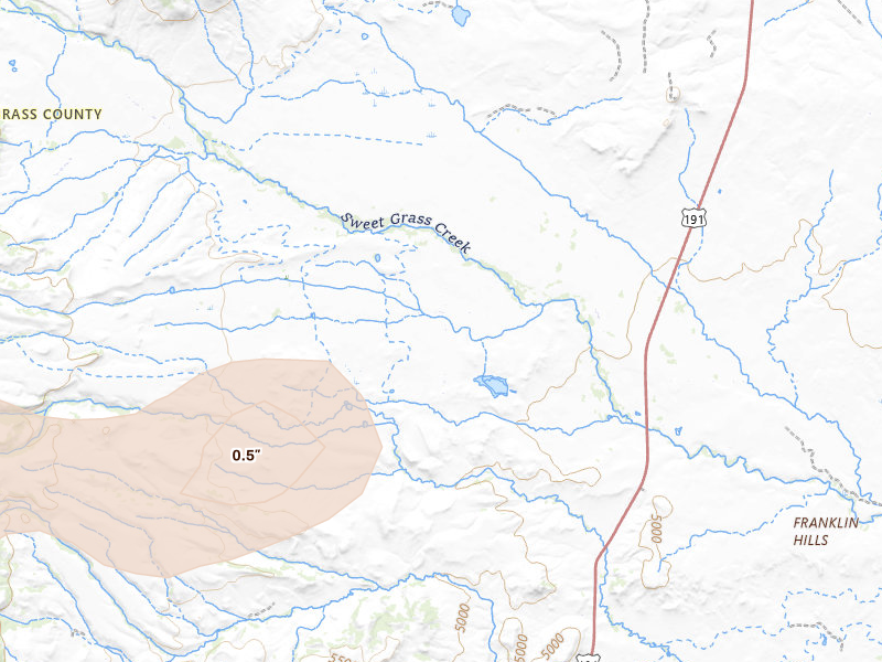 Radar-estimated hail-size map of the storm over Big Timber, MT on Jul 17, 2026