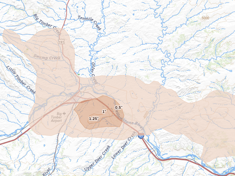 Radar-estimated hail-size map of the storm over Big Timber, MT on Jul 25, 2026